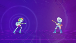 Size: 1280x720 | Tagged: safe, screencap, rainbow dash, trixie, equestria girls, g4, guitar centered, my little pony equestria girls: rainbow rocks, boots, electric guitar, female, flying v, guitar, high heel boots, musical instrument