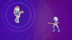 Size: 1280x720 | Tagged: safe, screencap, rainbow dash, trixie, equestria girls, g4, guitar centered, my little pony equestria girls: rainbow rocks, boots, electric guitar, flying v, guitar, high heel boots, musical instrument, transformation