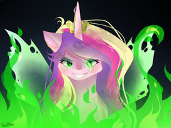 Size: 1400x1050 | Tagged: dead source, safe, artist:kate-titan-mrak, queen chrysalis, alicorn, changeling, changeling queen, pony, g4, crown, digital art, disguise, disguised changeling, evil grin, fake cadance, female, fire, green fire, grin, jewelry, mare, regalia, smiling, solo, transformation