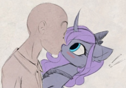 Size: 692x485 | Tagged: safe, artist:magnaluna, edit, princess luna, oc, oc:anon, alicorn, human, pony, g4, blushing, duo, female, human male, human male on mare, human on pony action, interspecies, kiss on the lips, kissing, male, mare, straight, surprise kiss