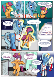 Size: 1860x2622 | Tagged: safe, artist:anibaruthecat, scootaloo, oc, oc:cobalt, pegasus, pony, unicorn, comic:cutiemark check-up 2, g4, :3, bipedal, clipboard, comic, dialogue, doctor, exclamation point, eyes closed, female, filly, glowing horn, horn, injection, levitation, magic, mare, needle, scared, scrunchy face, syringe, telekinesis, tongue out, trypanophobia, vaccination