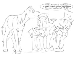 Size: 1280x989 | Tagged: safe, artist:silfoe, oc, oc only, oc:horace octavius reginald sorrel edward, bat pony, horse, pegasus, pony, royal sketchbook, armor, chin fluff, fangs, floppy ears, frown, grayscale, horse-pony interaction, horses doing horse things, looking back, male, mister ed, monochrome, night guard, nom, open mouth, raised leg, royal guard, simple background, stallion, trio, white background, wide eyes