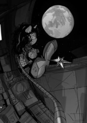 Size: 1133x1600 | Tagged: safe, artist:asianpony, oc, oc only, pony, my little brony risovach, black and white, floating, grayscale, monochrome, moon, solo, space, space station, spacesuit