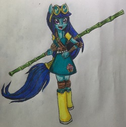 Size: 2276x2288 | Tagged: safe, artist:bozzerkazooers, blueberry cake, equestria girls, g4, female, high res, ninja, ponied up, solo, staff, traditional art