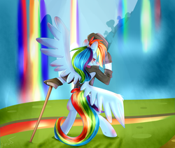 Size: 1773x1501 | Tagged: safe, artist:edmunddashie1815, rainbow dash, pony, g4, bipedal, blushing, clothes, female, gloves, hat, hat tip, looking at you, looking back, rear view, scenery, signature, solo, stick, strategically covered