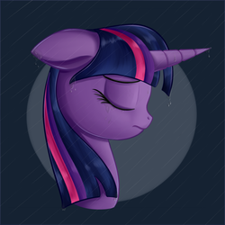 Size: 1280x1280 | Tagged: safe, artist:andelai, twilight sparkle, pony, g4, bust, crying, female, rain, sad, simple background, solo, wet mane