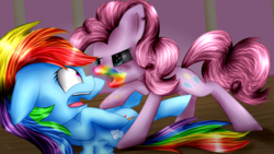 Size: 3309x1861 | Tagged: safe, artist:lixthefork, pinkie pie, rainbow dash, earth pony, pegasus, pony, 28 pranks later, g4, cookie zombie, duo, leaning back, personal space invasion, rainbow muzzle, scared, shiny hair, shiny mane