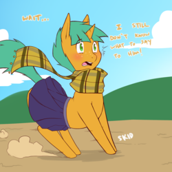 Size: 1200x1200 | Tagged: safe, artist:cold-blooded-twilight, snails, pony, ask glitter shell, cold blooded twilight, comic:when aero met glitter, g4, clothes, cute, explicit source, glitter shell, male, scarf, skirt, skirt lift, solo, tumblr