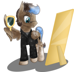 Size: 1526x1500 | Tagged: safe, artist:theshadowstone, oc, oc only, oc:playthrough, crystal pony, pegasus, pony, clothes, commission, glasses, male, mirror, simple background, solo, stallion, suit, transparent background, wing hands, wing hold