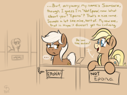 Size: 800x600 | Tagged: safe, artist:glimglam, oc, oc only, oc:generic monochrome meme horse, oc:samsara, earth pony, pony, ..., :p, annoyed, cute, dialogue, epona, eponadorable, female, frown, glare, horse-pony interaction, leaning, lidded eyes, mare, ocbetes, open mouth, partial color, ponified, silly, smiling, stable, the legend of zelda, tongue out, unamused