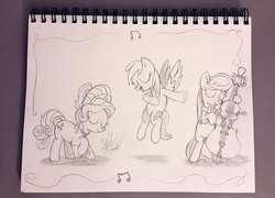 Size: 1111x800 | Tagged: safe, artist:fuzon-s, cherry jubilee, derpy hooves, octavia melody, earth pony, pegasus, pony, g4, andy price style, bipedal, bowing, cello, eyes closed, monochrome, music notes, musical instrument, pencil drawing, sketch, style emulation, traditional art