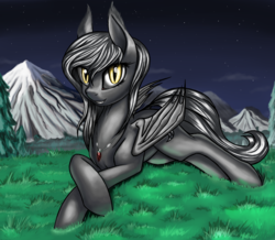 Size: 2840x2480 | Tagged: safe, artist:lightly-san, oc, oc only, oc:star light(bat), bat pony, pony, bat pony oc, crossed hooves, female, grass, grin, high res, jewelry, looking at you, mountain, necklace, night, prone, smiling, solo