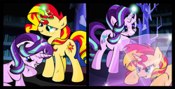Size: 2614x1333 | Tagged: safe, artist:dsana, starlight glimmer, sunset shimmer, pony, unicorn, g4, aftermath, book, bookshelf, bruised, commission, counterparts, crystal, fight, floor, library, magic, sunset vs starlight, sweat, training, twilight's castle, twilight's counterparts