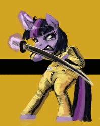 Size: 2023x2558 | Tagged: safe, artist:toisanemoif, twilight sparkle, pony, g4, angry, bipedal, female, high res, katana, kill bill, solo, sword, weapon