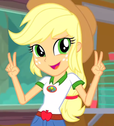 Size: 805x885 | Tagged: safe, screencap, applejack, equestria girls, g4, my little pony equestria girls: legend of everfree, cropped, female, peace sign, solo