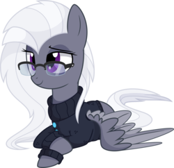 Size: 5500x5332 | Tagged: safe, artist:aureai, oc, oc only, oc:aureai gray, pegasus, pony, .svg available, absurd resolution, clothes, female, glasses, happy, lidded eyes, mare, prone, raised eyebrow, simple background, smiling, smug, solo, spread wings, sweater, transparent background, vector