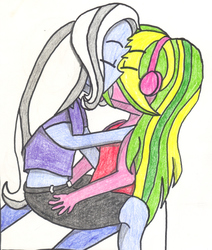 Size: 1667x1966 | Tagged: safe, artist:sapphire42, lemon zest, trixie, equestria girls, g4, female, kissing, lesbian, shipping, traditional art, zexie