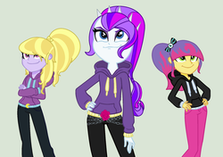 Size: 1771x1244 | Tagged: safe, artist:sarahmyriacarter, artist:stripedegg, lavender lace, pixel pizazz, violet blurr, equestria girls, g4, alternate universe, clothes