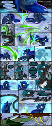 Size: 2460x6000 | Tagged: safe, artist:dangercloseart, fleetfoot, princess luna, queen chrysalis, spitfire, oc, oc:dive siren, alicorn, bat pony, pony, comic:wings of fire, g4, barrier, bat pony oc, comic, evil laugh, female, fight, flying, fusion, gritted teeth, high res, magic, mare, nightmare, nightmare chrysalis, nightmarified, slit pupils