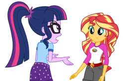 Size: 5500x3600 | Tagged: safe, artist:mixiepie, sci-twi, sunset shimmer, twilight sparkle, equestria girls, g4, my little pony equestria girls: legend of everfree, absurd resolution, ass, butt, clothes, duo, glasses, open mouth, rear view, shorts, simple background, transparent background, vector