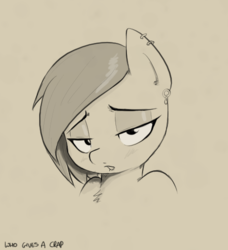 Size: 478x524 | Tagged: safe, artist:shoutingisfun, oc, oc only, pony, bedroom eyes, bust, chest fluff, female, lip bite, looking at you, mare, monochrome, piercing, portrait, simple background, solo