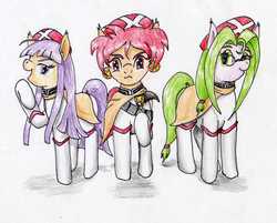 Size: 2255x1815 | Tagged: safe, artist:40kponyguy, derpibooru exclusive, cape, clothes, crossover, grandia, looking at you, mio (grandia), nana (grandia), ponified, saki (grandia), simple background, traditional art, white background