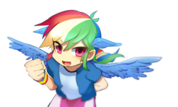 Size: 700x420 | Tagged: safe, artist:youhoujou, rainbow dash, human, g4, eared humanization, female, humanized, simple background, solo, winged humanization, wings