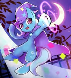 Size: 635x700 | Tagged: safe, artist:youhoujou, trixie, pony, unicorn, g4, crescent moon, female, leaves, looking at you, magic, mare, moon, night, night sky, open mouth, smiling, solo, sparkles, stars, tree, trixie's cape, trixie's hat, underhoof