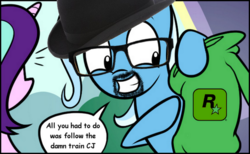 Size: 895x550 | Tagged: safe, artist:dori-to, edit, starlight glimmer, trixie, pony, unicorn, g4, big smoke, clothes, female, follow the damn train, grand theft auto, gta san andreas, mare, meme, rockstar games, sweater, trixie's hoodie edit, wrong side of the tracks
