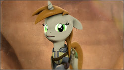 Size: 1920x1080 | Tagged: safe, artist:skilm, oc, oc only, oc:littlepip, pony, unicorn, fallout equestria, 3d, clothes, fanfic, fanfic art, female, floppy ears, horn, jumpsuit, mare, solo, source filmmaker, teeth, vault suit