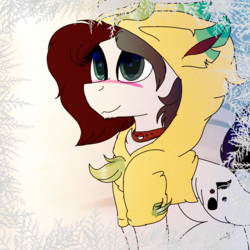 Size: 2000x2000 | Tagged: safe, artist:brokensilence, edit, oc, oc only, oc:mira songheart, leafeon, blushing, chest fluff, clothes, collar, cute, high res, hoodie, pokémon, ponysona, solo, wallpaper, wallpaper edit