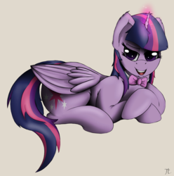 Size: 1978x1995 | Tagged: safe, artist:thexiiilightning, twilight sparkle, alicorn, pony, g4, bowtie, female, glowing horn, gray background, horn, lidded eyes, prone, simple background, solo, twilight sparkle (alicorn)