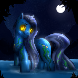 Size: 1500x1500 | Tagged: safe, artist:darkray777, earth pony, original species, pony, water pony, full moon, glowing, glowing eyes, lake, looking at you, moon, night, scenery, solo, starry sky, stars, transparent flesh, wading