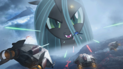 Size: 1978x1113 | Tagged: safe, artist:huntergiantesses, queen chrysalis, changeling, g4, a-wing, fangs, giantess, glare, macro, open mouth, rebel alliance, smirk, spaceship, star destroyer, star wars, star wars battlefront, we are doomed