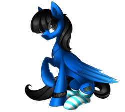 Size: 3062x2740 | Tagged: safe, artist:scarlet-spectrum, oc, oc only, oc:sonica, pegasus, pony, clothes, high res, raised hoof, simple background, sitting, smiling, socks, solo, striped socks, transparent background