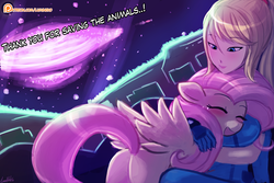 Size: 1125x750 | Tagged: dead source, safe, artist:lumineko, fluttershy, human, g4, agdq, awesome games done quick, blushing, clothes, crossover, cute, dialogue, gdq, good end, happy, hug, metroid, nintendo, patreon, patreon logo, samus aran, save the animals, set:fluttershy games done quick, shyabetes, smiling, space, stars, super metroid, zero suit