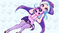 Size: 3840x2160 | Tagged: safe, artist:the-park, starlight glimmer, trixie, human, pony, g4, cute, duo, female, glimmerbetes, high res, hnnng, holding a pony, hug, human and pony, humanized, it's dangerous to go alone, looking at you, open mouth, smiling, tongue out, trixie's cape, trixie's hat
