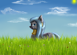 Size: 3507x2480 | Tagged: safe, artist:ruanshi, zecora, pony, zebra, g4, alternate hairstyle, cloud, ear piercing, female, field, grass, high res, looking at you, loose hair, piercing, sky, smiling, solo, sun