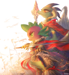 Size: 1381x1500 | Tagged: safe, artist:girlsay, gummy, princess ember, spike, dragon, g4, gauntlet of fire, armor, badass, bloodstone scepter, cape, clothes, dragon lord ember, epic, female, gauntlet, helmet, male, patreon, patreon logo, scarf, serious, serious face, slit pupils, spear, sword, trio, weapon