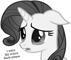 Size: 976x819 | Tagged: safe, rarity, pony, g4, colorless, crying, dialogue, female, floppy ears, grayscale, monochrome, open mouth, sad, simple background, solo, text, white background