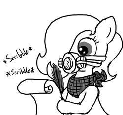 Size: 640x600 | Tagged: safe, artist:ficficponyfic, oc, oc only, oc:emerald jewel, pony, colt quest, bandana, child, colt, foal, gas mask, hair over one eye, letter, male, mask, monochrome, quill, scroll, solo, story included, writing