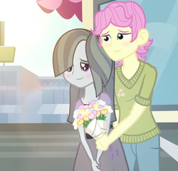 Size: 2304x2216 | Tagged: dead source, safe, artist:drewmwhit, fluttershy, marble pie, equestria girls, g4, blushing, bouquet, butterscotch, equestria girls-ified, equestria guys, female, half r63 shipping, high res, male, marblescotch, rule 63, ship:marbleshy, shipping, straight