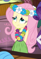 Size: 378x536 | Tagged: safe, screencap, fluttershy, rarity, twilight sparkle, equestria girls, g4, my little pony equestria girls: rainbow rocks, shake your tail, animated, beautiful, clothes, cute, female, flower, flower in hair, gif, grass skirt, hula, hulalight, hularity, hulashy, nervous, shyabetes, skirt