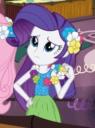 Size: 424x567 | Tagged: safe, screencap, fluttershy, rarity, equestria girls, g4, my little pony equestria girls: rainbow rocks, shake your tail, animated, clothes, female, flower, flower in hair, gif, grass skirt, hula, hularity, hulashy, skirt