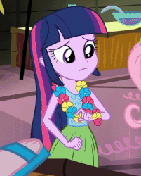 Size: 414x515 | Tagged: safe, screencap, pinkie pie, twilight sparkle, equestria girls, g4, my little pony equestria girls: rainbow rocks, shake your tail, animated, clothes, female, flower, flower in hair, gif, grass skirt, hula, hulalight, sandals, skirt