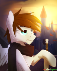 Size: 1500x1864 | Tagged: safe, artist:redchetgreen, oc, oc only, pegasus, pony, brown hair, castle, clothes, male, scarf, signature, solo, stallion, sun, sunset, sword, weapon
