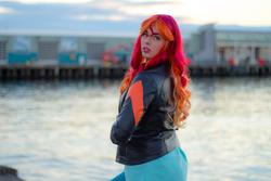 Size: 5184x3456 | Tagged: safe, artist:maddymoiselle, sunset shimmer, human, equestria girls, g4, absurd resolution, clothes, cosplay, costume, irl, irl human, jacket, ocean, photo, photography, solo, water, wig