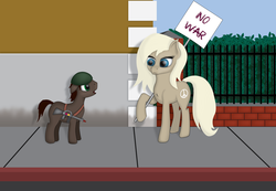 Size: 5948x4108 | Tagged: safe, artist:e-49, oc, oc only, earth pony, pony, absurd resolution, city, gun, hippie, meeting, protest, rifle, sign, size difference, weapon