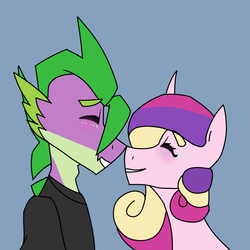 Size: 844x844 | Tagged: safe, artist:moonakart13, artist:moonaknight13, princess cadance, spike, alicorn, dragon, pony, g4, adult spike, age difference, blushing, clothes, crack shipping, eyes closed, freckles, happy, infidelity, interspecies, male, nuzzling, older, older spike, pseudoincest, ship:spikedance, shipping, shirt, simple background, smiling, spikelove, straight