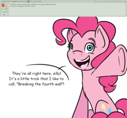 Size: 1024x952 | Tagged: safe, artist:yogfan, pinkie pie, earth pony, pony, g4, ask, deviantart, female, fourth wall, mare, simple background, small eyes, smiling, solo, transparent background